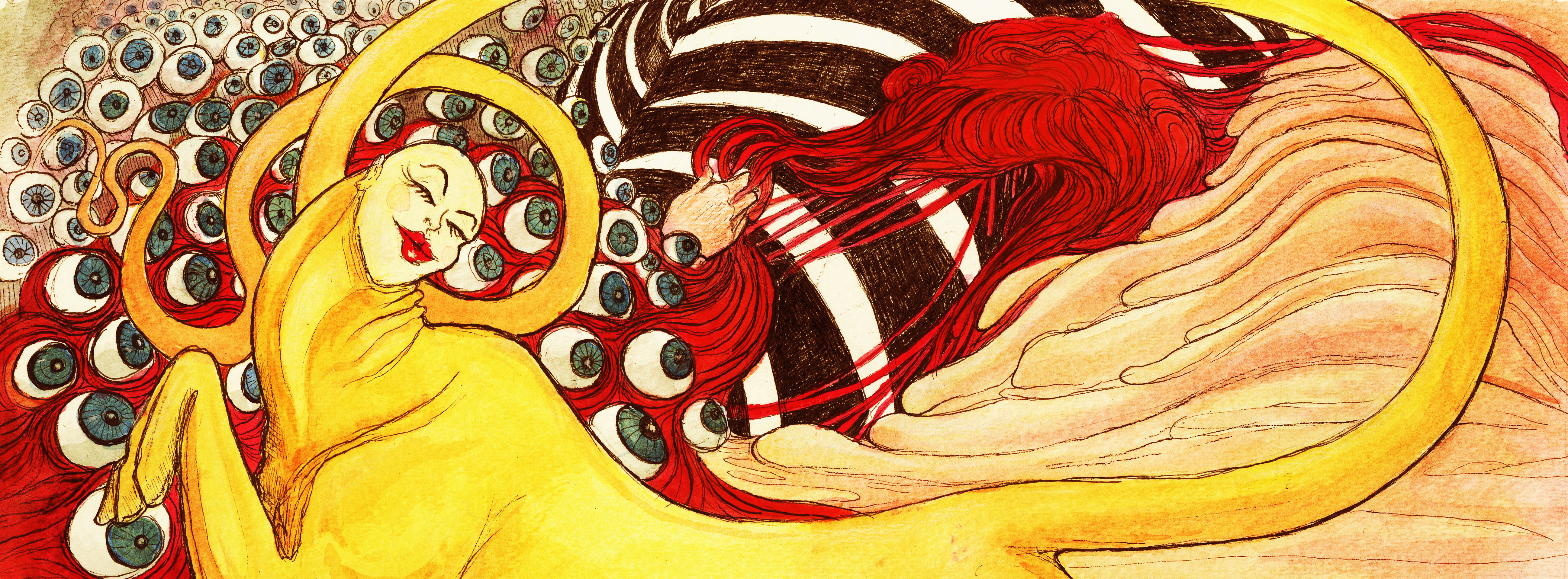 An artistic illustration featuring a yellow figure swirling gracefully amidst a background of abstract elements, including numerous eyes and flowing red hair.