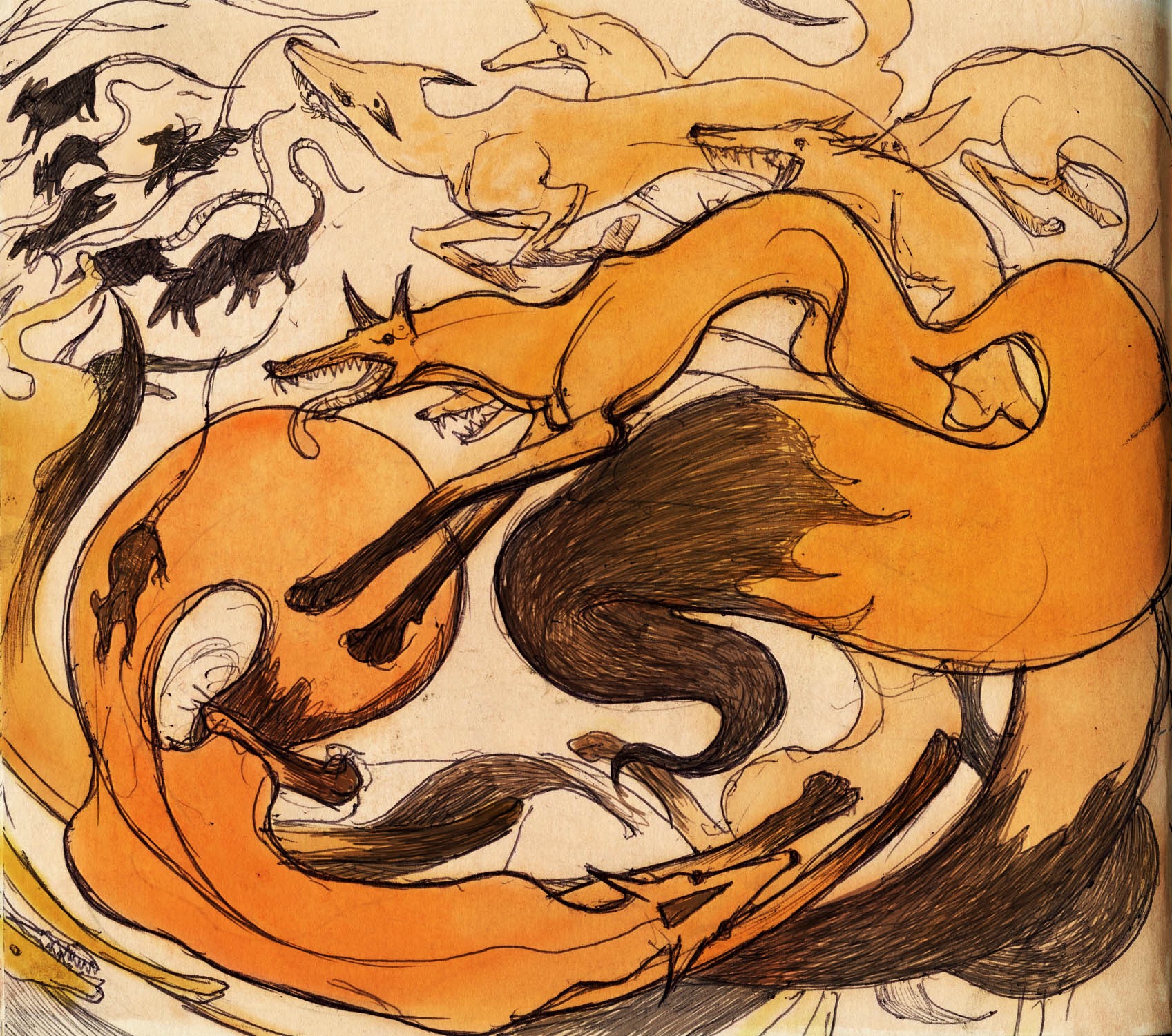 An artistic illustration featuring a dynamic arrangement of various foxes and other creatures, depicted in a swirling motion with a warm color palette of oranges and browns.