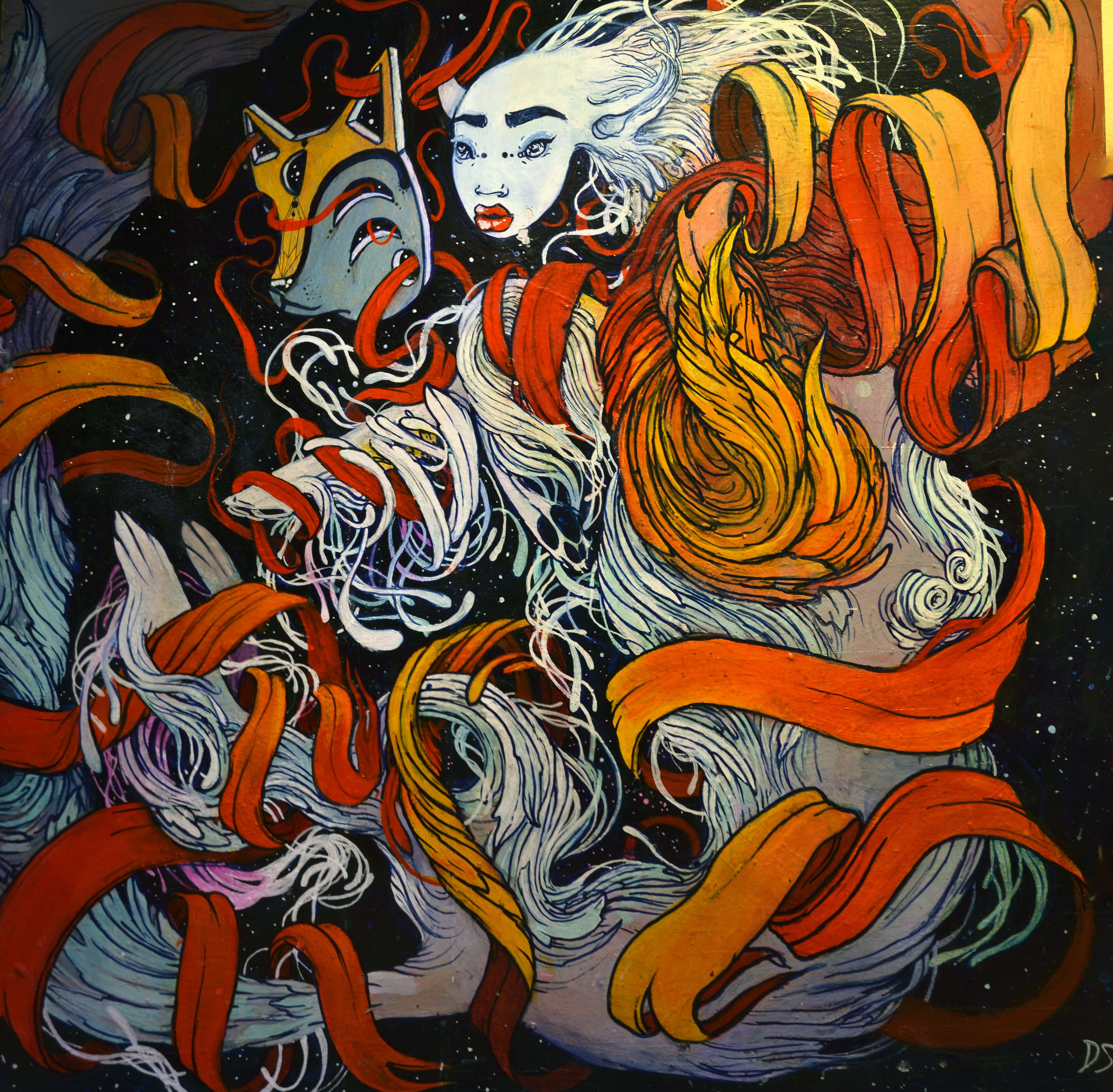 An abstract illustration featuring a dynamic composition of colorful flowing ribbons, a stylized face, and a fiery element against a dark, starry background.