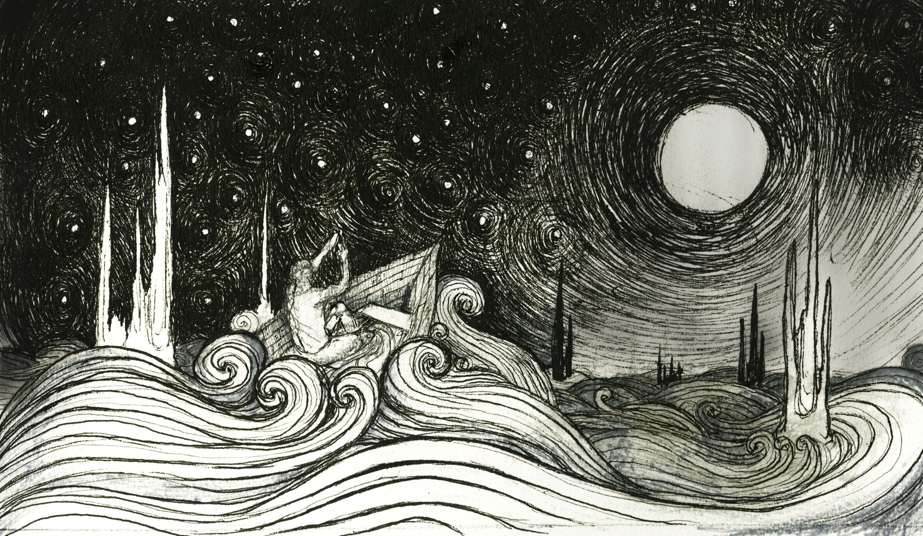 A dark, swirling night sky with stars, depicting a solitary figure in a boat navigating through turbulent waves, with tall, spire-like structures emerging from the water.
